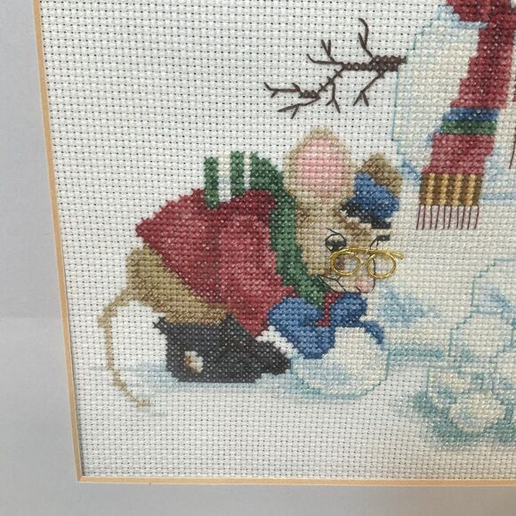 MICE BUILDING A SNOWMAN Completed Cross Stitch Framed Winter Holiday 14 X 15” - Picture 3 of 10